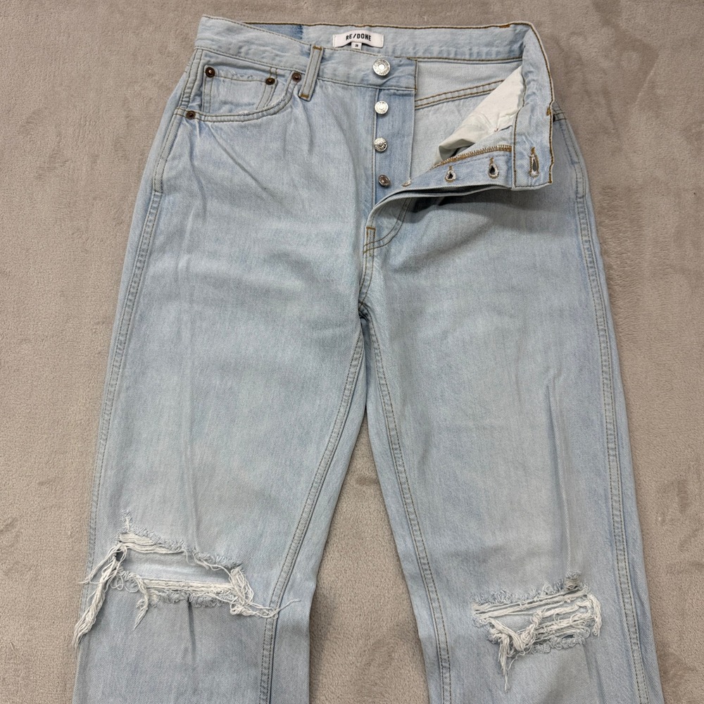 RE/DONE 90s High Rise Loose Jeans Womens 28 Light Blue Distressed Bleach Destroy - Picture 2 of 13